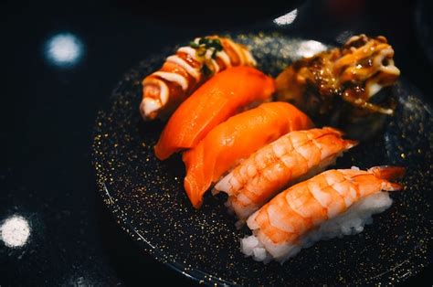 Premium Photo Japanese Food Sushi Ebi Nigiri And Sake Nigiri