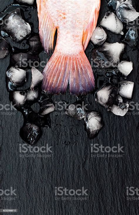 Red Tilapia Fish On Black Slate Stone Board With Ice Stock Photo