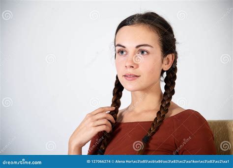 Beautiful Brunette Girl Sitting In Chair Stock Photo Image Of Clear Fashion