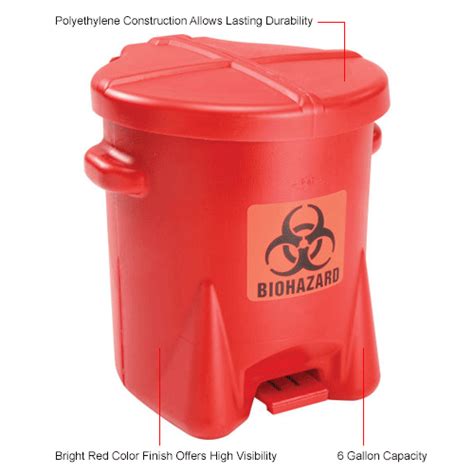 Eagle 6 Gallon Poly Safety Biohazardous Waste Can Red 943bio