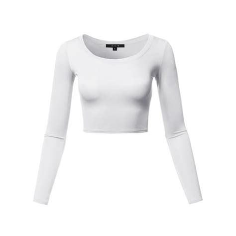 A2y Womens Basic Solid Stretchable Scoop Neck Long Sleeve Crop Top White Xs