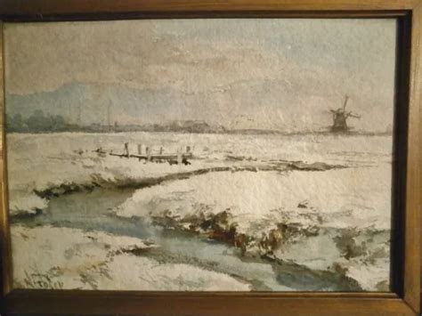 Aquarelle Tableau Ancien Sign Nicolet Th Paysage Enneig Nord France