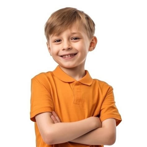 Un niño con una camisa naranja sonríe y sonríe Foto Premium