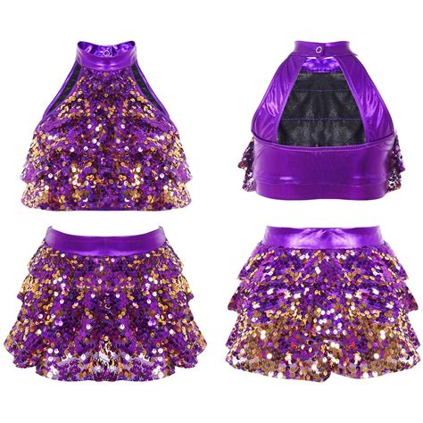 Iiniim Girls Shiny Sequins Halter Tassel Crop Top With Mini Skirt Latin