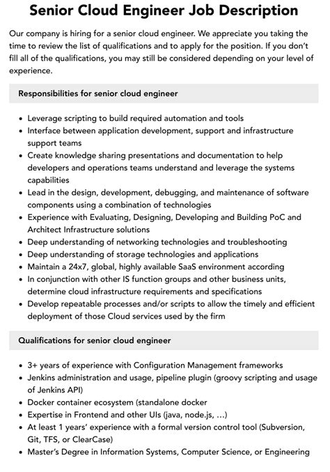 Senior Cloud Engineer Job Description Velvet Jobs