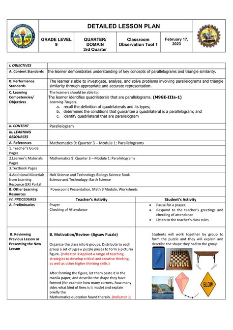 Lesson Plan For Quadrilateral Docx