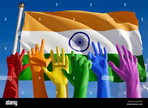 Rainbow Colored Hands From Lgbt Community Over Flag Of India Indian Gay Parade Concept Of