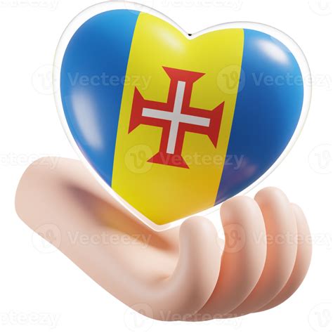 Madeira Flag With Heart Hand Care Realistic D Textured Png