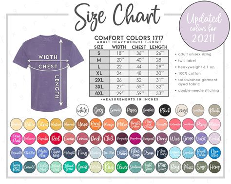 Comfort Colors 1717 Size Color Chart 73 Colors Updated Etsy