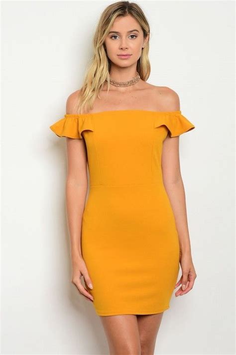 Ruffle Sleeve Off The Shoulder Bardot Bodycon Dress Mustard Yellow Dresses Ruffle Sleeve