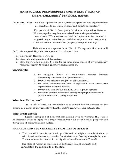 Earthquake Preparedness Contingency Plan Pdf Emergency Earthquakes