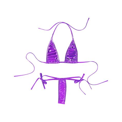 US Women S 2 PCS Shiny Metallic Lace Up Bikini Set Bra Top With Thongs