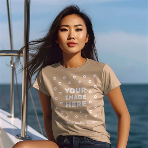 Man Wearing Tan T Shirt Mockup Front View Template
