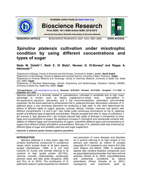 Pdf Spirulina Platensis Cultivation Under Mixotrophic Condition By