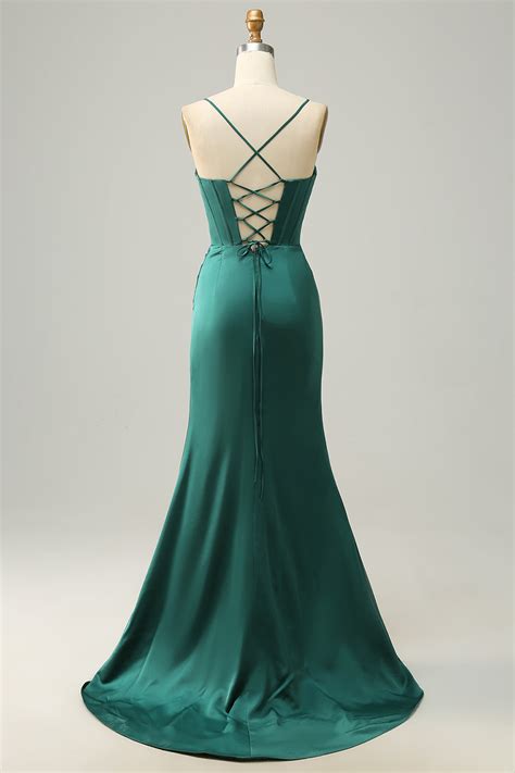 Zapaka Women Prom Dress Dark Green Spaghetti Straps Mermaid Evening Dress Zapaka