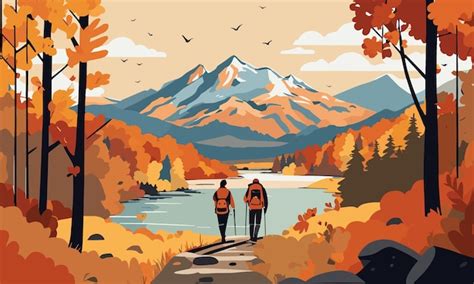 Premium Vector Couple Hiking In Autumn Mountains Autumn Landscape In