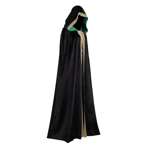 Witch Wizard Hooded Robe Cosplay Costume Black Velvet Lace Contrasting