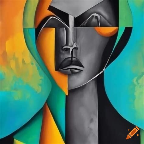 Black And White Cubist Artwork With Orange Green Blue Accents On Craiyon