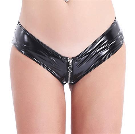 DPois Womens Shiny Wet Look Patent Leather Low Rise Sissy Zipper Crotch