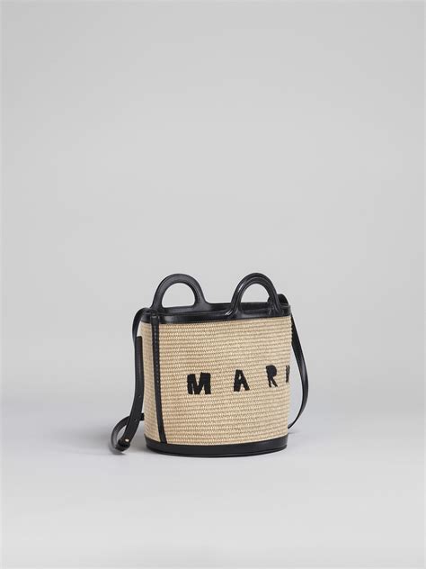 Tropicalia Small Bucket Bag In Black Leather And Raffia Effect Fabric