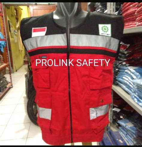 Jual Rompi Safety Kain Drill 4 Kantong Saku Merah Hitam Premium Dalam