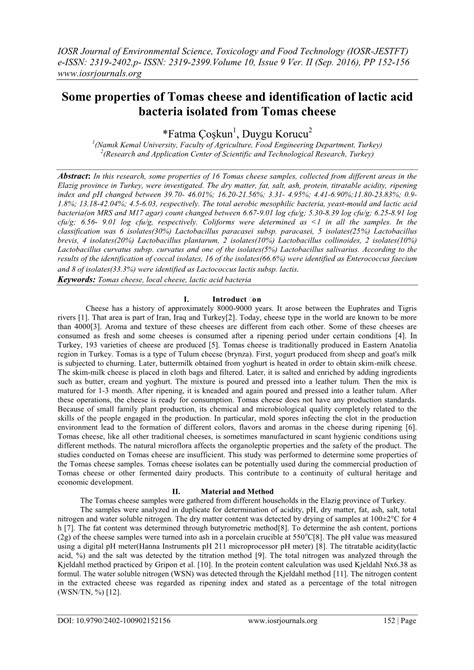 Some Properties Of Tomas Cheese And Identification Of Lactic Acid