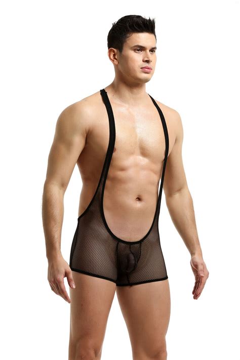 Mens Mesh Sheer Gay Jockstrap Bodysuit Wrestling Singlet Boxers