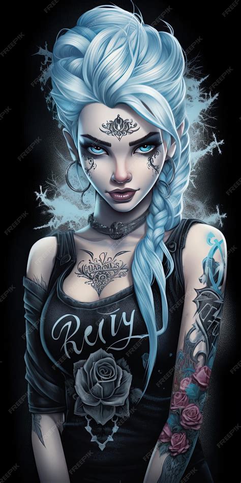 Premium Photo A Drawing Of A Woman With Blue Hair And A Tattoo Of A Blue Haired Girl With Blue