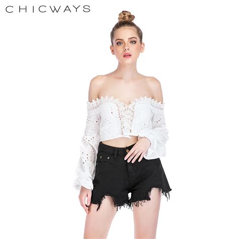 Chicways White Lace Blouse Shirt Women Sexy Lace Up Embroidery Off