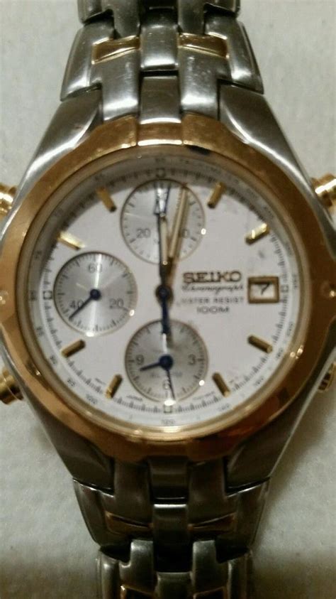 Mens Seiko Quartz Chronograph Polished Two Tone Gold Watch 7t32 6m90