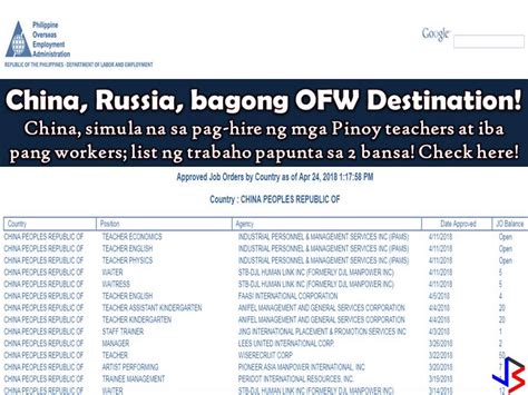 New Ofw Destination Russia And China Check Here For The List Of Poea