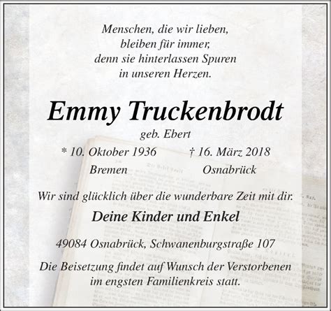 Traueranzeigen Von Emmy Truckenbrodt Noz Trauerportal