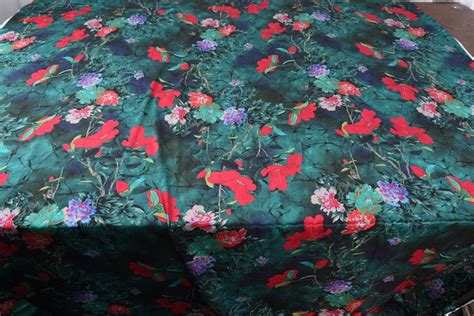 Red Floral Print Green Stretch Silk Satin Fabric Dark Green Etsy