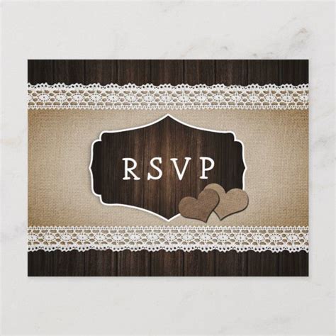 Rustic Wood Burlap And Lace Wedding Rsvp Postcards