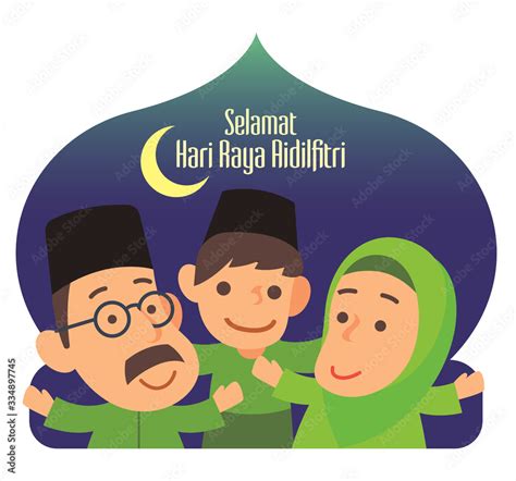 selamat hari raya aidilfitri cartoon muslim family character