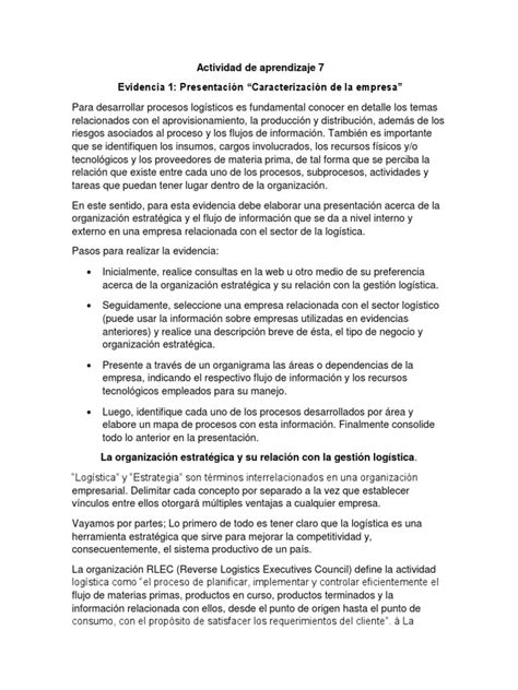 Actividad De Aprendizaje 7 1 Pdf Logística Información