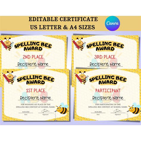 Editable Spelling Bee Certificate Template, Spelling Participant Award ...