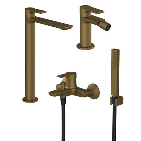 Set Miscelatore Lavabo Alto Con Bidet Ed Esterno Vasca Con Doccino Oro