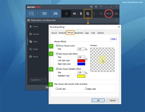 Mouse cursor/click/highlight effect settings - Bandicam