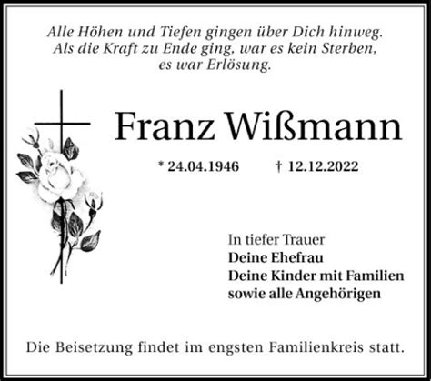 Traueranzeigen von Franz Wißmann Trauerportal Ihrer Tageszeitung