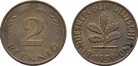 BUNDESREPUBLIK DEUTSCHLAND 2 Pfennig 1959 G Bankfrisch MA Shops