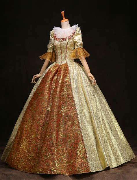 Victorian Rococo Dress Costume Womens Gold Ball Gown Half Sleeves