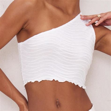 Plt White Ripple Rib One Shoulder Crop Top Size Depop