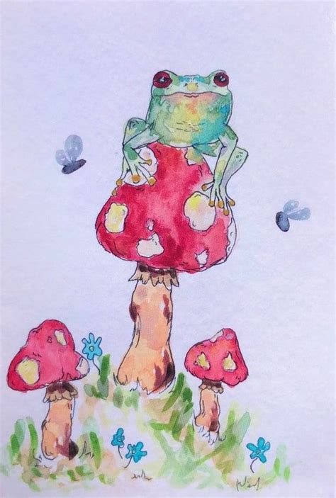 A Drawing Of A Frog Sitting On Top Of A Mushroom