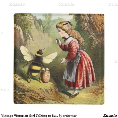 Vintage Victorian Girl Talking To Bumble Bee Glass Coaster Vintage Honey Bee