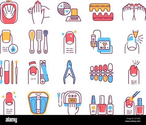 Manicure And Pedicure Procedures Color Line Icons Set Nails Service