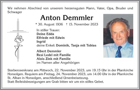 Traueranzeigen Von Anton Demmler Allg Uer Zeitung