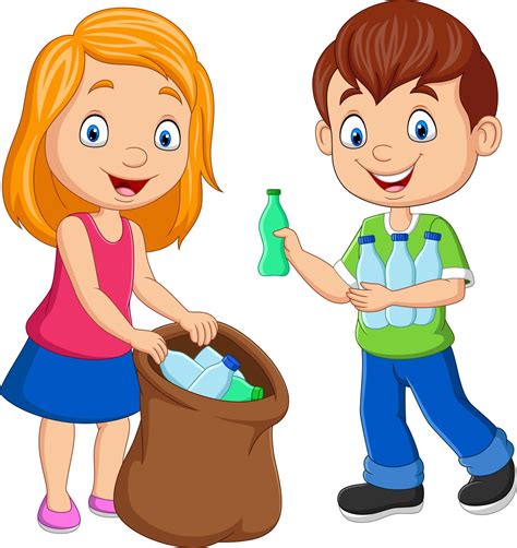 niños de dibujos animados juntando botellas de plástico en una bolsa de