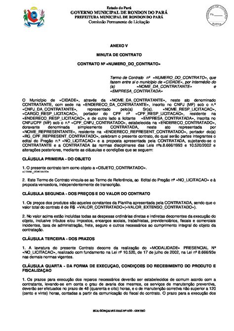 MINUTA DO CONTRATO Prefeitura Municipal de Rondon do Pará Gestão