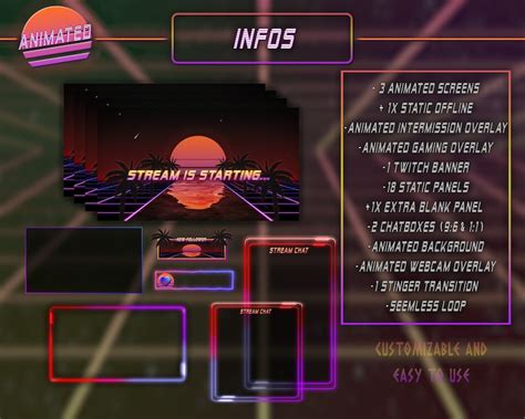 Animated Stream Neon Retrowave Overlay Complete Twitch Pack Retro Synthwave Vaporwave